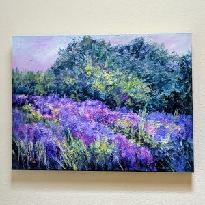 Acrylic paing on canvas of a field of lavender at dawn