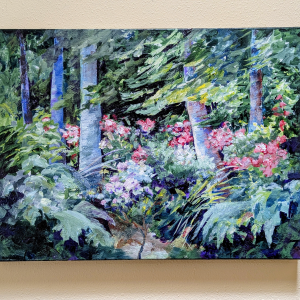 Acrylic painting of a wooded forest of flowers and ferns
