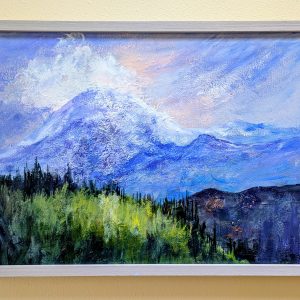 Acrylic impressionist painting on canvas of Mt.Baker hanging on a gallery wall