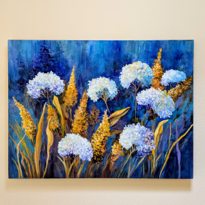 Acrylic painting of hydrangeas hanging on a gallery wall
