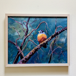 Acrylic painting of a robin sitting on a branch with a dark blue background