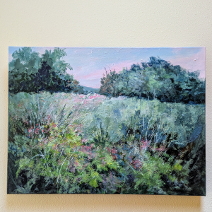 Acrylic Paining of a meadow at dusk with a pink sky and foliage in foreground.