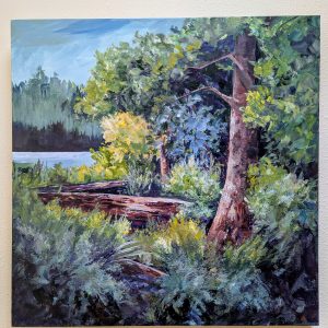 Acrylic on canvas painting of heart lake in Anacortes hanging on gallery wall