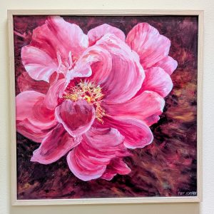 Acrylic painting on canvas of a large pink rose on a dark red background.