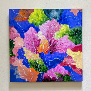Acrylic impressionistic painting on canvas of bright and contrasting colored leaves