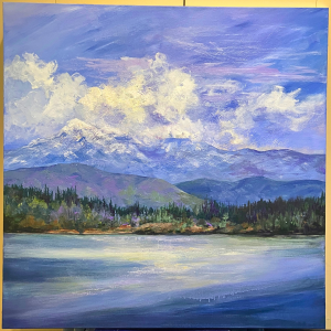 Acrylic Painting on canvas of the view from Anacortes of the cascade mountians and Mt. Baker with a purple hue and the sea