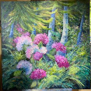 Acrylic painting of Anacortes woods with pink flowers and woods.