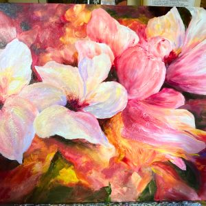 Acrylic painting of flowers in Anacortes in a gallery