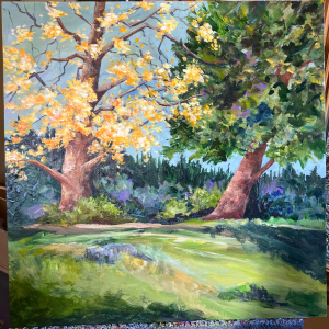 Acrylic painting of two trees in Anacortes, one with green leaves and the other in spring bloom with yellow and whit flowers